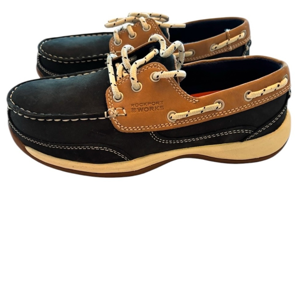 NWOT Rockport Works sailing club navy tan slip resistant SZ 7.5 Safety shoes - Picture 13 of 13